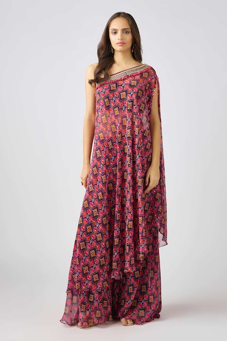 Basanti - Kapde Aur Koffee_Purple Georgette Beads, Mirrors Asymmetric Geometric Print Cape Sharara Set _Online_at_Aza_Fashions