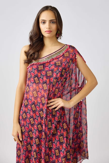 Buy_Basanti - Kapde Aur Koffee_Purple Georgette Beads, Mirrors Asymmetric Geometric Print Cape Sharara Set _Online_at_Aza_Fashions