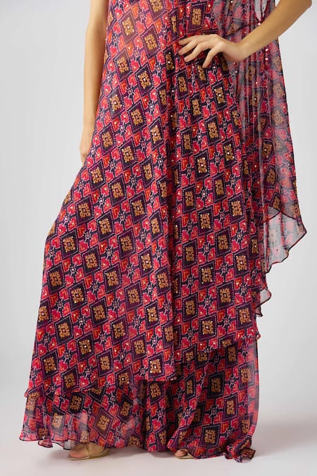 Shop_Basanti - Kapde Aur Koffee_Purple Georgette Beads, Mirrors Asymmetric Geometric Print Cape Sharara Set _Online_at_Aza_Fashions