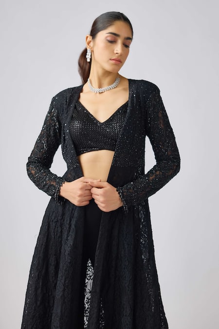 Basanti - Kapde Aur Koffee_Black Georgette, Chiffon Sequins, Beads V-neck, Embroidered Jacket Sharara Set _Online_at_Aza_Fashions