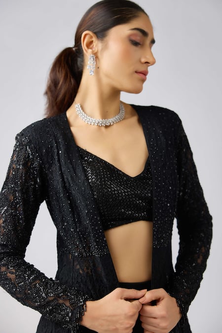 Buy_Basanti - Kapde Aur Koffee_Black Georgette, Chiffon Sequins, Beads V-neck, Embroidered Jacket Sharara Set _Online_at_Aza_Fashions