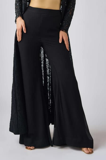 Shop_Basanti - Kapde Aur Koffee_Black Georgette, Chiffon Sequins, Beads V-neck, Embroidered Jacket Sharara Set _Online_at_Aza_Fashions