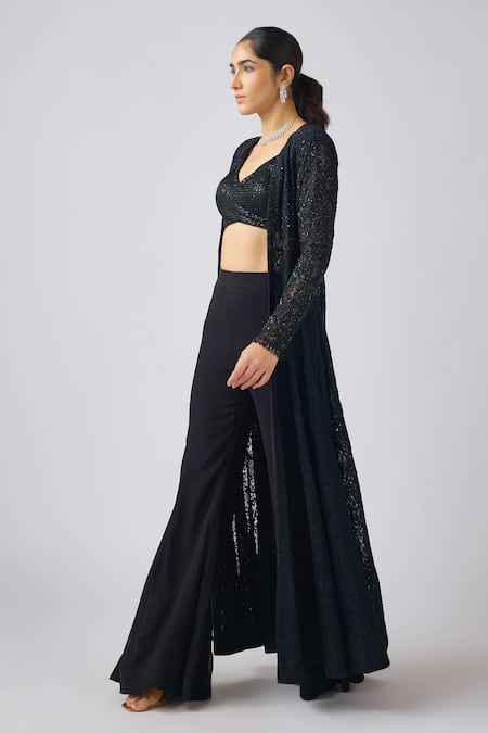 Basanti - Kapde Aur Koffee_Black Georgette, Chiffon Sequins, Beads V-neck, Embroidered Jacket Sharara Set _at_Aza_Fashions