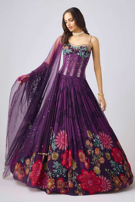 Basanti - Kapde Aur Koffee_Purple Georgette Beads, Sequins, Embroidery Sweetheart Neck Floral Lehenga Set_Online_at_Aza_Fashions