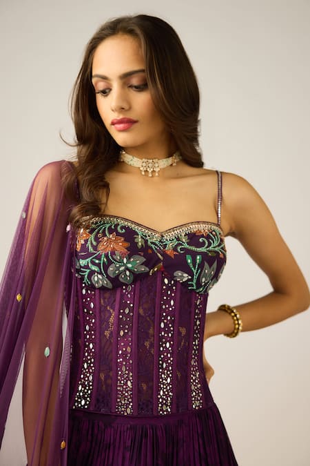 Buy_Basanti - Kapde Aur Koffee_Purple Georgette Beads, Sequins, Embroidery Sweetheart Neck Floral Lehenga Set_Online_at_Aza_Fashions