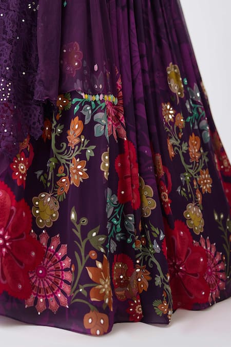 Shop_Basanti - Kapde Aur Koffee_Purple Georgette Beads, Sequins, Embroidery Sweetheart Neck Floral Lehenga Set_Online_at_Aza_Fashions
