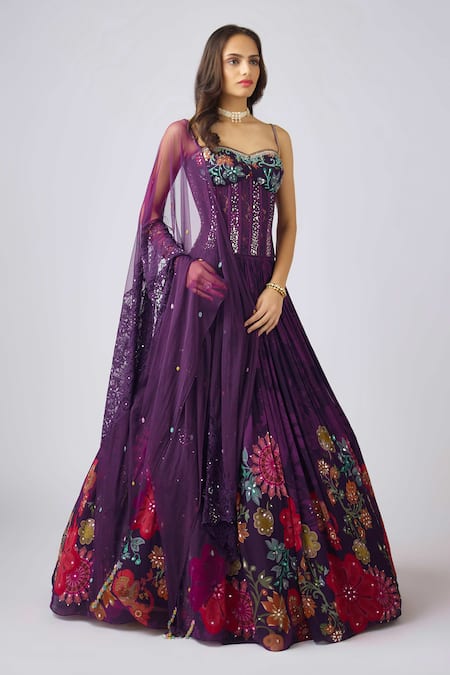 Basanti - Kapde Aur Koffee_Purple Georgette Beads, Sequins, Embroidery Sweetheart Neck Floral Lehenga Set_at_Aza_Fashions