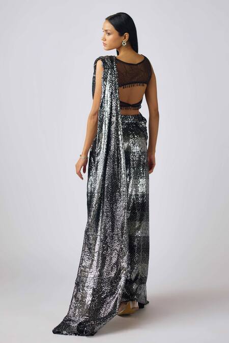 Basanti - Kapde Aur Koffee Black Sequin Embroidered Pre-Draped Saree 