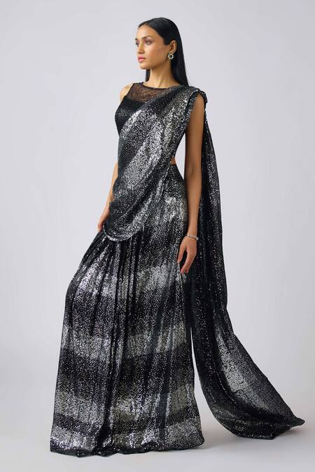 Basanti - Kapde Aur Koffee_Black Georgette Sequins Boat Neck Embroidered Pre-draped Saree_Online_at_Aza_Fashions