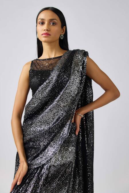 Buy_Basanti - Kapde Aur Koffee_Black Georgette Sequins Boat Neck Embroidered Pre-draped Saree_Online_at_Aza_Fashions