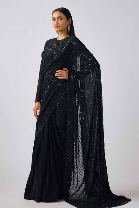 Basanti - Kapde Aur Koffee_Black Georgette Cut Work, Sequins Round Embroidered Pre-draped Saree And Blouse_Online_at_Aza_Fashions