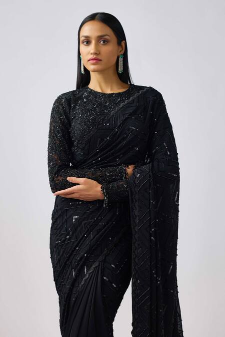 Buy_Basanti - Kapde Aur Koffee_Black Georgette Cut Work, Sequins Round Embroidered Pre-draped Saree And Blouse_Online_at_Aza_Fashions