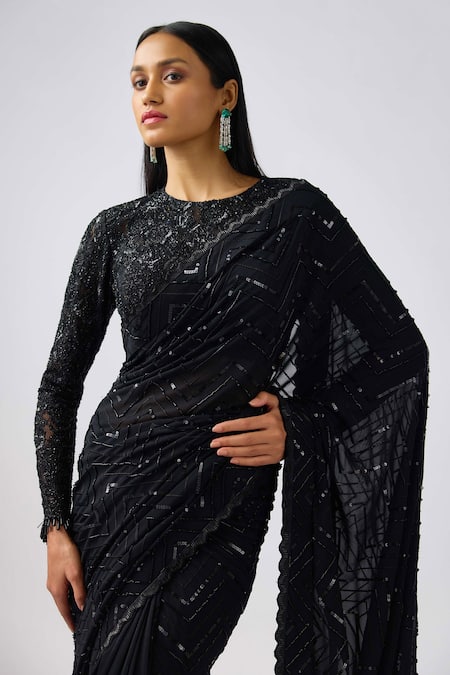 Shop_Basanti - Kapde Aur Koffee_Black Georgette Cut Work, Sequins Round Embroidered Pre-draped Saree And Blouse_Online_at_Aza_Fashions