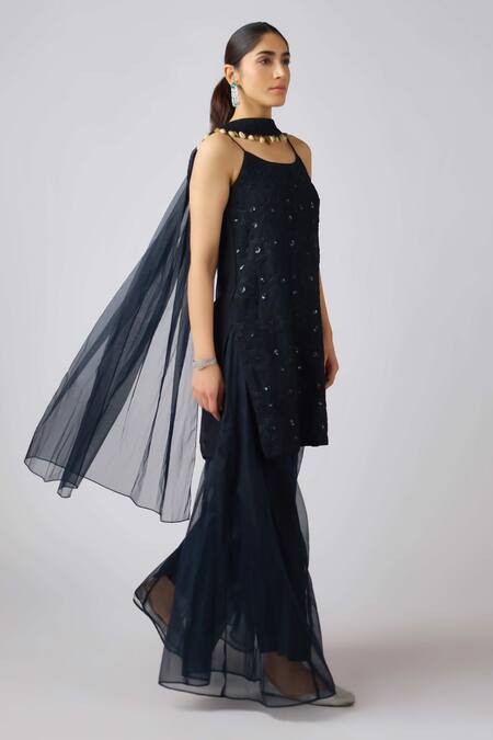 Shop_Basanti - Kapde Aur Koffee_Black Organza Sequins Round Neck Embroidered Kurta Sharara Set_Online_at_Aza_Fashions
