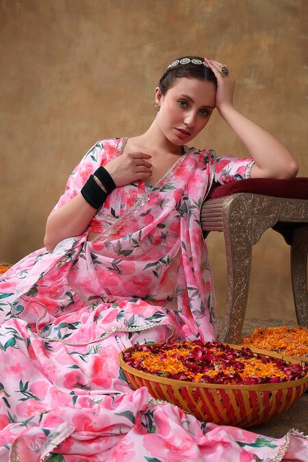 Shop_Pomcha Jaipur_Pink Muslin, Organza Embroidery, Gota Patti, Ruffles Floral Print Lehenga Set _Online_at_Aza_Fashions