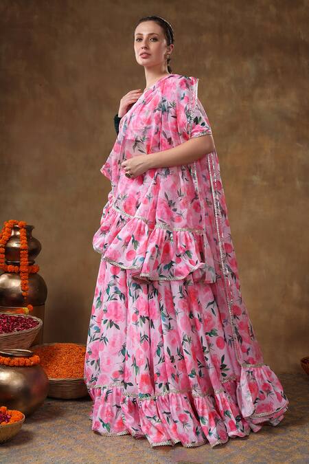 Pomcha Jaipur_Pink Muslin, Organza Embroidery, Gota Patti, Ruffles Floral Print Lehenga Set _at_Aza_Fashions