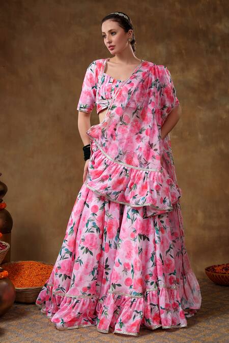 Buy_Pomcha Jaipur_Pink Muslin, Organza Embroidery, Gota Patti, Ruffles Floral Print Lehenga Set 