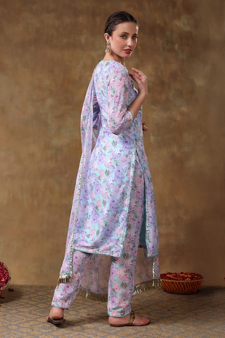Pomcha Jaipur Purple Muslin, Organza Gota Patti Split Floral Print Kurta Set With Dupatta Online at Aza Fashions Pomcha Jaipur_Purple Muslin, Organza Gota Patti Split Floral Print Kurta Set With Dupatta _Online_at_Aza_Fashions