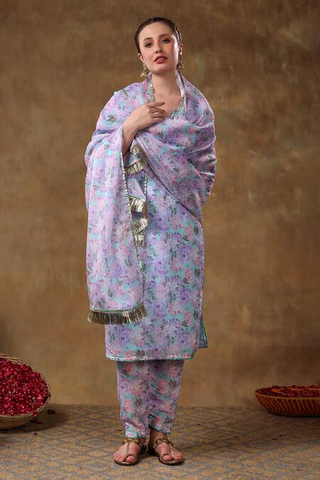 Buy Pomcha Jaipur Purple Muslin, Organza Gota Patti Split Floral Print Kurta Set With Dupatta Online at Aza Fashions Buy_Pomcha Jaipur_Purple Muslin, Organza Gota Patti Split Floral Print Kurta Set With Dupatta _Online_at_Aza_Fashions