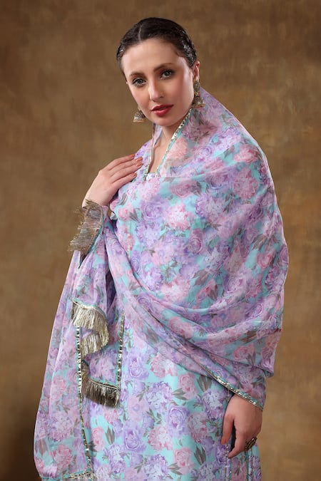 Shop Pomcha Jaipur Purple Muslin, Organza Gota Patti Split Floral Print Kurta Set With Dupatta Online at Aza Fashions Shop_Pomcha Jaipur_Purple Muslin, Organza Gota Patti Split Floral Print Kurta Set With Dupatta _Online_at_Aza_Fashions