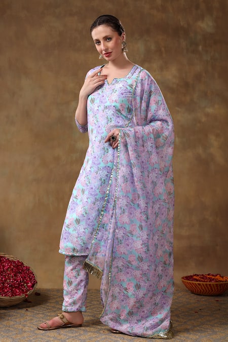 Buy Pomcha Jaipur Purple Muslin, Organza Gota Patti Split Floral Print Kurta Set With Dupatta Buy_Pomcha Jaipur_Purple Muslin, Organza Gota Patti Split Floral Print Kurta Set With Dupatta