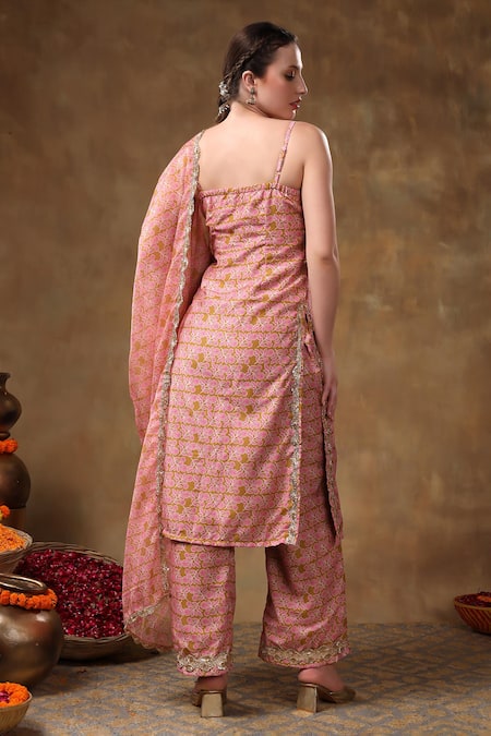 Pomcha Jaipur Brown Muslin, Organza Gota Patti Sweetheart Floral Lace Embellished Kurta Set Online at Aza Fashions Pomcha Jaipur_Brown Muslin, Organza Gota Patti Sweetheart Floral Lace Embellished Kurta Set _Online_at_Aza_Fashions
