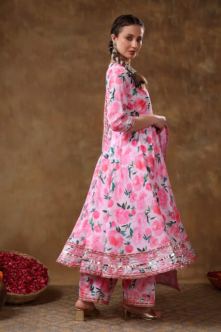 Pomcha Jaipur_Pink Muslin, Organza Gota Patti, Embroidery Split Lace Embellished Anarkali Set _Online_at_Aza_Fashions