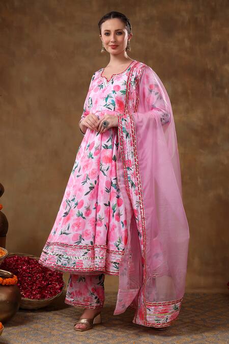 Shop_Pomcha Jaipur_Pink Muslin, Organza Gota Patti, Embroidery Split Lace Embellished Anarkali Set _Online_at_Aza_Fashions