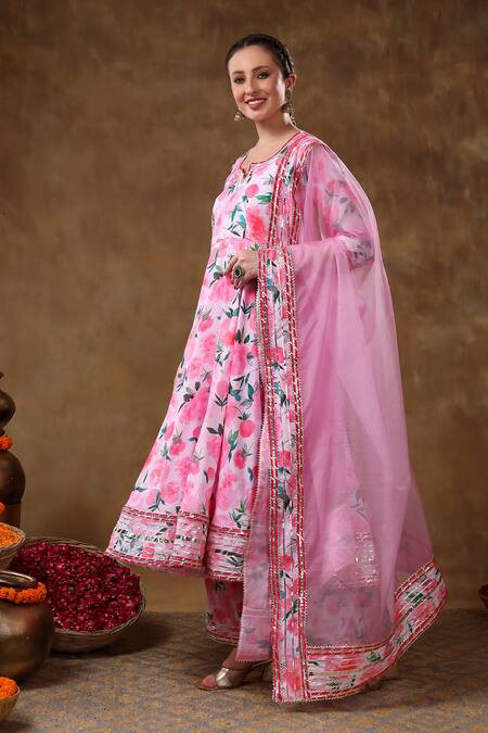 Pomcha Jaipur_Pink Muslin, Organza Gota Patti, Embroidery Split Lace Embellished Anarkali Set _at_Aza_Fashions