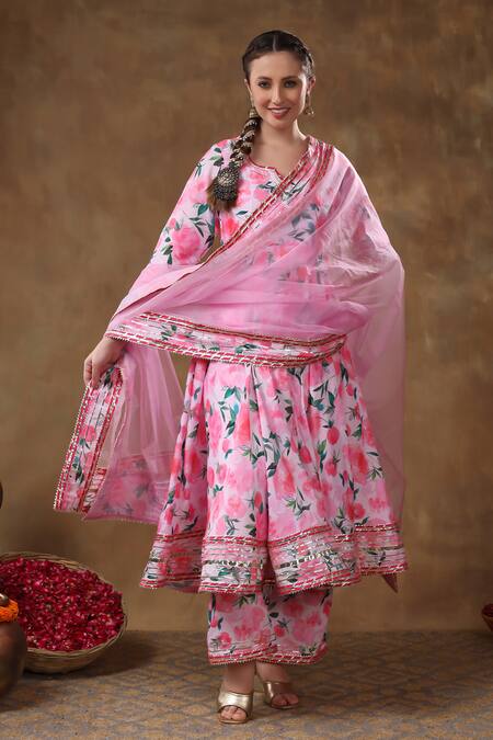 Shop_Pomcha Jaipur_Pink Muslin, Organza Gota Patti, Embroidery Split Lace Embellished Anarkali Set 