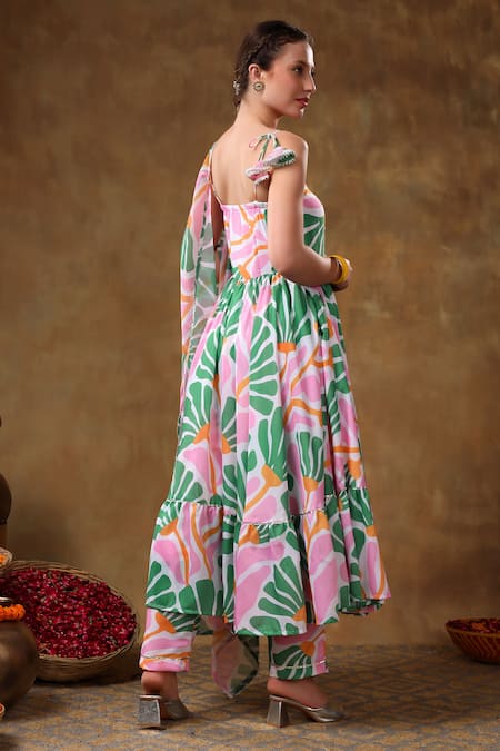 Pomcha Jaipur Green Muslin, Organza Gota Patti Scoop Neck Abstract Floral Print Anarkali Set Online at Aza Fashions Pomcha Jaipur_Green Muslin, Organza Gota Patti Scoop Neck Abstract Floral Print Anarkali Set _Online_at_Aza_Fashions