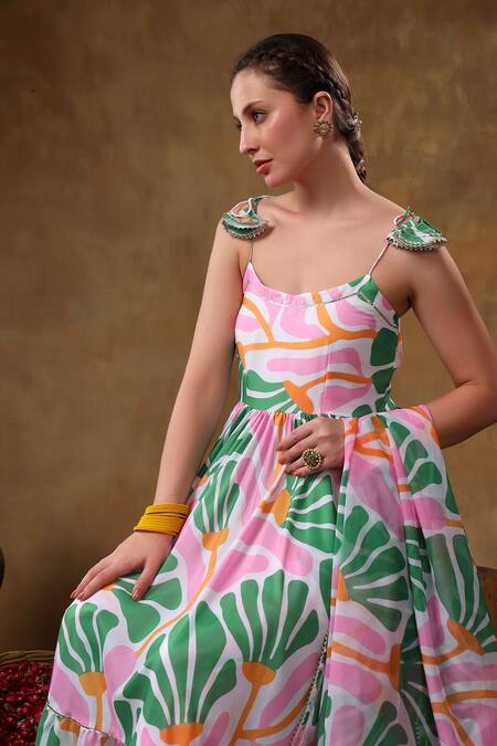 Buy Pomcha Jaipur Green Muslin, Organza Gota Patti Scoop Neck Abstract Floral Print Anarkali Set Online at Aza Fashions Buy_Pomcha Jaipur_Green Muslin, Organza Gota Patti Scoop Neck Abstract Floral Print Anarkali Set _Online_at_Aza_Fashions