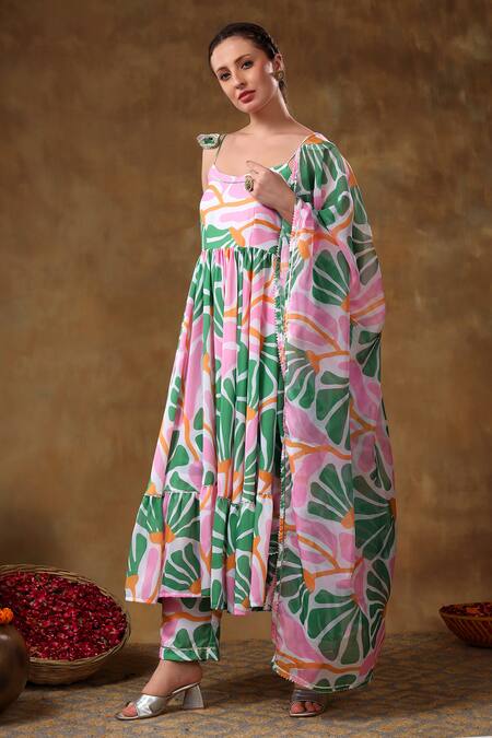 Buy Pomcha Jaipur Green Muslin, Organza Gota Patti Scoop Neck Abstract Floral Print Anarkali Set Buy_Pomcha Jaipur_Green Muslin, Organza Gota Patti Scoop Neck Abstract Floral Print Anarkali Set