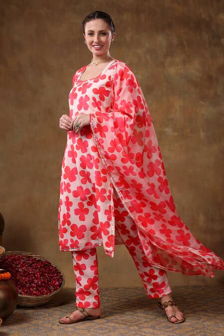 Buy Pomcha Jaipur Orange Muslin, Organza Gota Patti Round Florence Print Embellished Kurta Set Buy_Pomcha Jaipur_Orange Muslin, Organza Gota Patti Round Florence Print Embellished Kurta Set