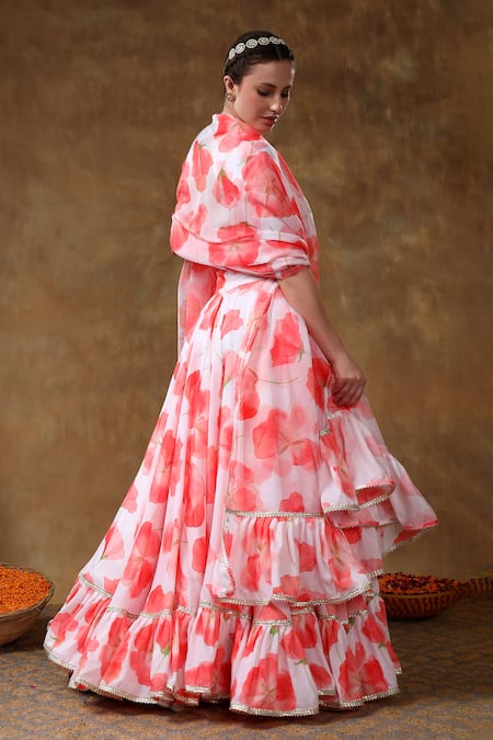 Pomcha Jaipur Flower Print Gota Lace Lehenga Set 