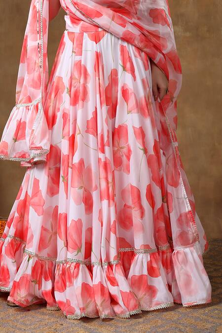 Shop_Pomcha Jaipur_Orange Muslin, Organza Gota Patti, Fabric Flowers, Print Lace Lehenga Set _Online_at_Aza_Fashions