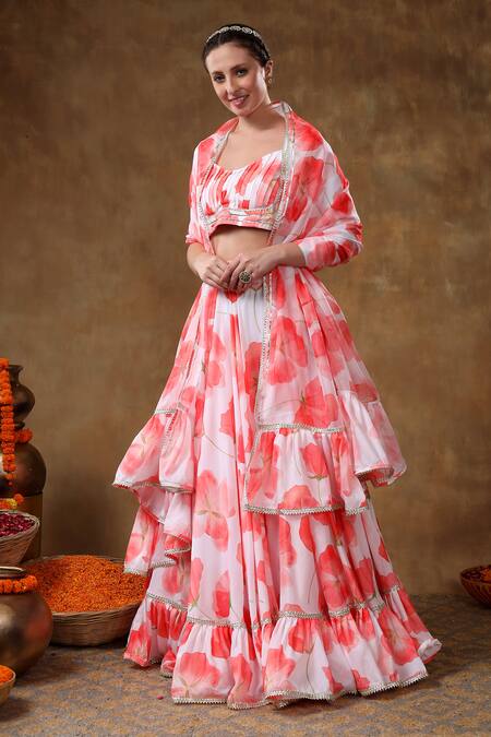 Pomcha Jaipur_Orange Muslin, Organza Gota Patti, Fabric Flowers, Print Lace Lehenga Set _at_Aza_Fashions