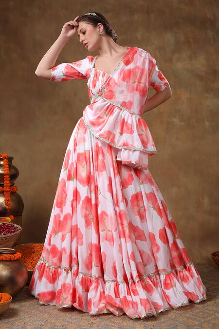 Buy_Pomcha Jaipur_Orange Muslin, Organza Gota Patti, Fabric Flowers, Print Lace Lehenga Set 