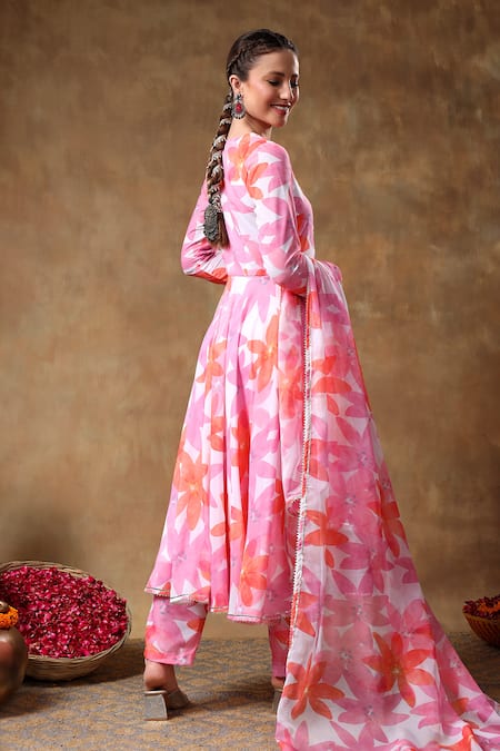 Pomcha Jaipur Pink Muslin, Organza Gota Patti, Embroidery V-neck Florette Print Anarkali Set Online at Aza Fashions Pomcha Jaipur_Pink Muslin, Organza Gota Patti, Embroidery V-neck Florette Print Anarkali Set _Online_at_Aza_Fashions