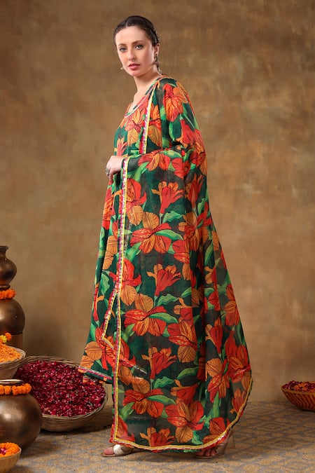 Buy Pomcha Jaipur Green Muslin, Organza Gota Patti Round Neck Leaf Print Anarkali Set Online at Aza Fashions Buy_Pomcha Jaipur_Green Muslin, Organza Gota Patti Round Neck Leaf Print Anarkali Set _Online_at_Aza_Fashions