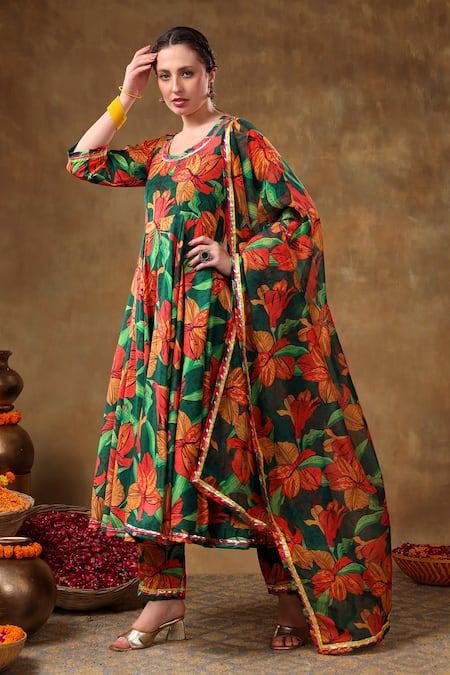 Shop Pomcha Jaipur Green Muslin, Organza Gota Patti Round Neck Leaf Print Anarkali Set Online at Aza Fashions Shop_Pomcha Jaipur_Green Muslin, Organza Gota Patti Round Neck Leaf Print Anarkali Set _Online_at_Aza_Fashions