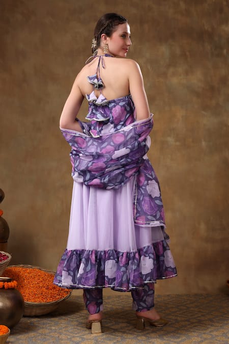 Pomcha Jaipur Purple Muslin Gota Patti Halter Neck Lavender Floral Lace Anarkali Set Online at Aza Fashions Pomcha Jaipur_Purple Muslin Gota Patti Halter Neck Lavender Floral Lace Anarkali Set _Online_at_Aza_Fashions