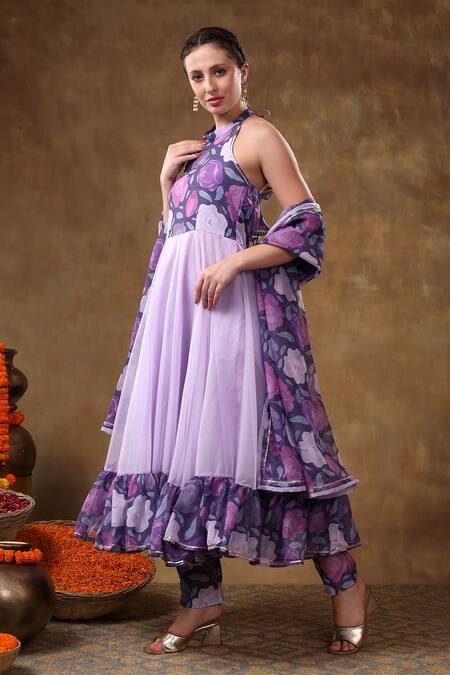 Shop Pomcha Jaipur Purple Muslin Gota Patti Halter Neck Lavender Floral Lace Anarkali Set Online at Aza Fashions Shop_Pomcha Jaipur_Purple Muslin Gota Patti Halter Neck Lavender Floral Lace Anarkali Set _Online_at_Aza_Fashions