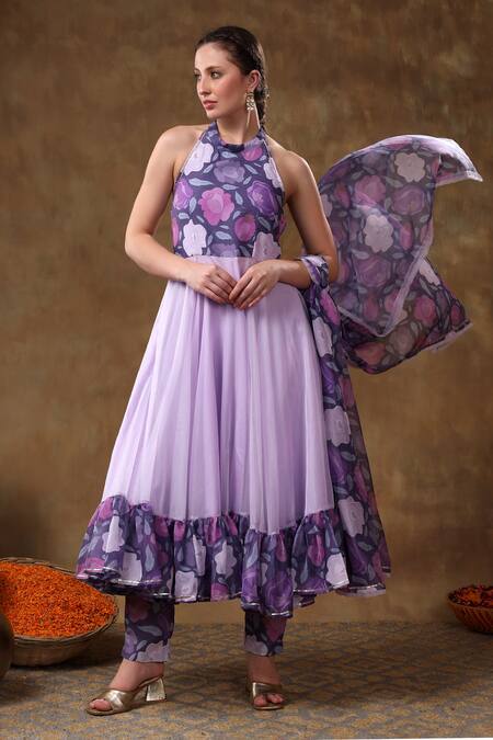 Buy Pomcha Jaipur Purple Muslin Gota Patti Halter Neck Lavender Floral Lace Anarkali Set Buy_Pomcha Jaipur_Purple Muslin Gota Patti Halter Neck Lavender Floral Lace Anarkali Set