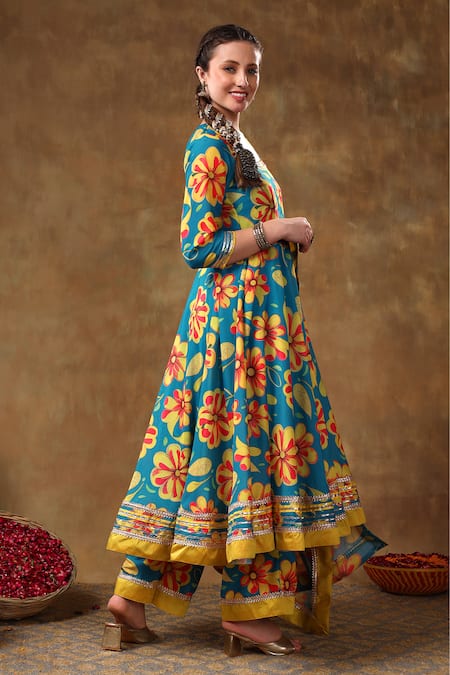 Pomcha Jaipur Blue Muslin, Organza Gota Patti Round Neck Garden Print Anarkali Set Online at Aza Fashions Pomcha Jaipur_Blue Muslin, Organza Gota Patti Round Neck Garden Print Anarkali Set _Online_at_Aza_Fashions