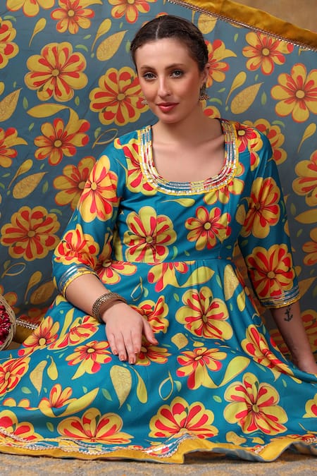 Buy Pomcha Jaipur Blue Muslin, Organza Gota Patti Round Neck Garden Print Anarkali Set Online at Aza Fashions Buy_Pomcha Jaipur_Blue Muslin, Organza Gota Patti Round Neck Garden Print Anarkali Set _Online_at_Aza_Fashions