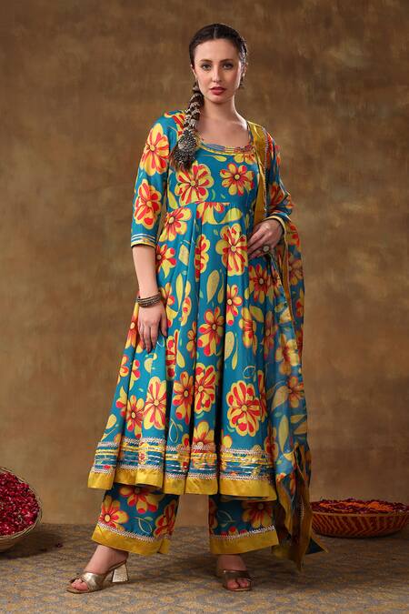 Shop Pomcha Jaipur Blue Muslin, Organza Gota Patti Round Neck Garden Print Anarkali Set Online at Aza Fashions Shop_Pomcha Jaipur_Blue Muslin, Organza Gota Patti Round Neck Garden Print Anarkali Set _Online_at_Aza_Fashions