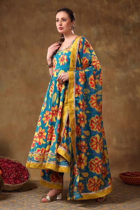 Pomcha Jaipur Blue Muslin, Organza Gota Patti Round Neck Garden Print Anarkali Set at Aza Fashions Pomcha Jaipur_Blue Muslin, Organza Gota Patti Round Neck Garden Print Anarkali Set _at_Aza_Fashions