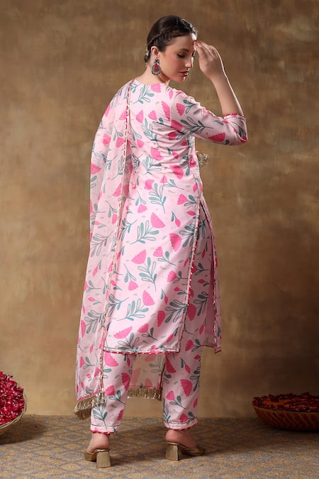 Pomcha Jaipur Pink Muslin, Organza Gota Patti Round Neck Floral Print Kurta Pant Set Online at Aza Fashions Pomcha Jaipur_Pink Muslin, Organza Gota Patti Round Neck Floral Print Kurta Pant Set _Online_at_Aza_Fashions