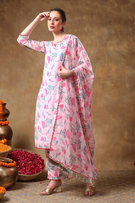 Buy Pomcha Jaipur Pink Muslin, Organza Gota Patti Round Neck Floral Print Kurta Pant Set Online at Aza Fashions Buy_Pomcha Jaipur_Pink Muslin, Organza Gota Patti Round Neck Floral Print Kurta Pant Set _Online_at_Aza_Fashions